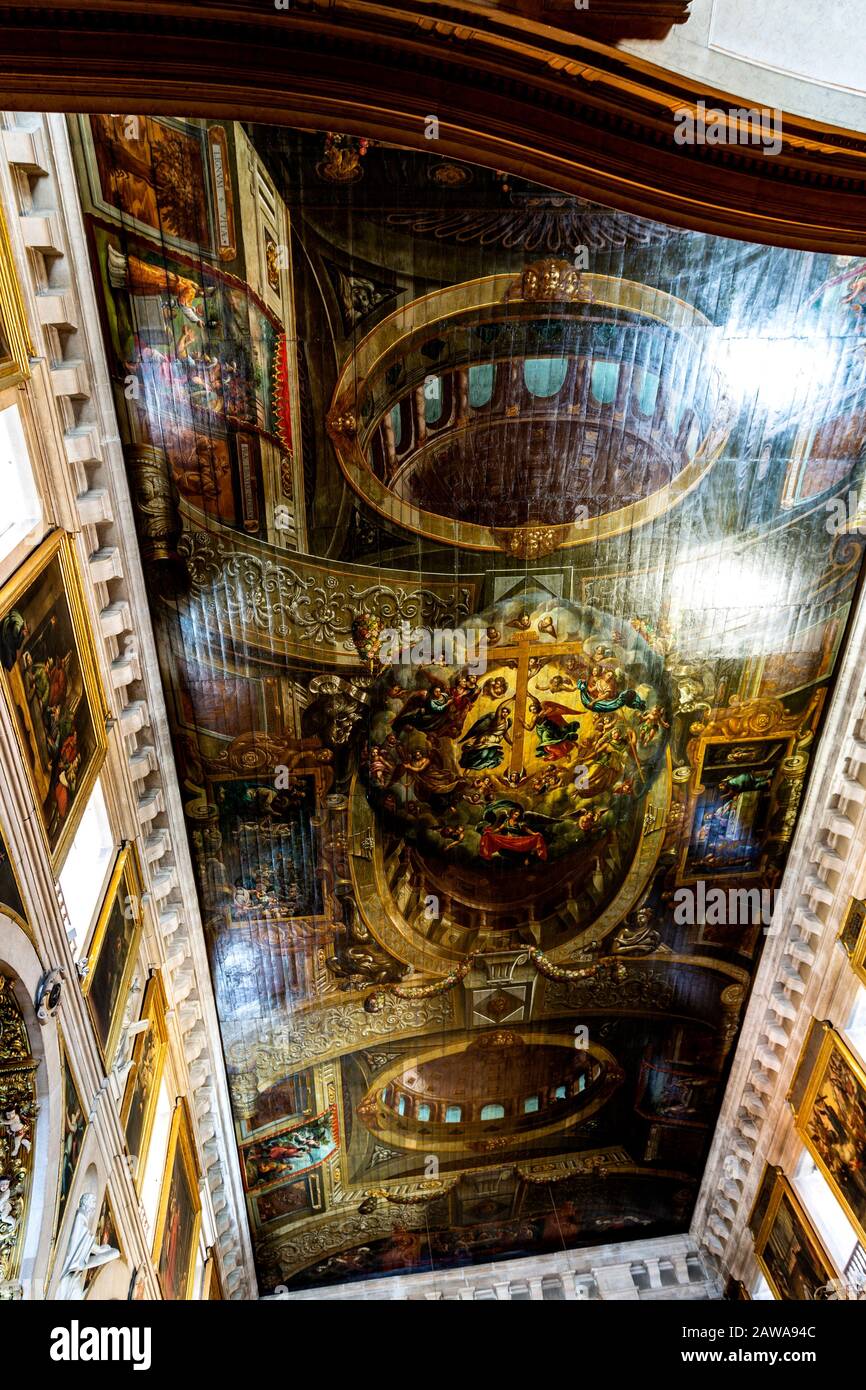 View of the exquisite tromp l’oeil Mannerist ceiling of the Jesuit Church of Saint Roch, built in the 16th century, in Bairro Alto, Lisbon, Portugal Stock Photo