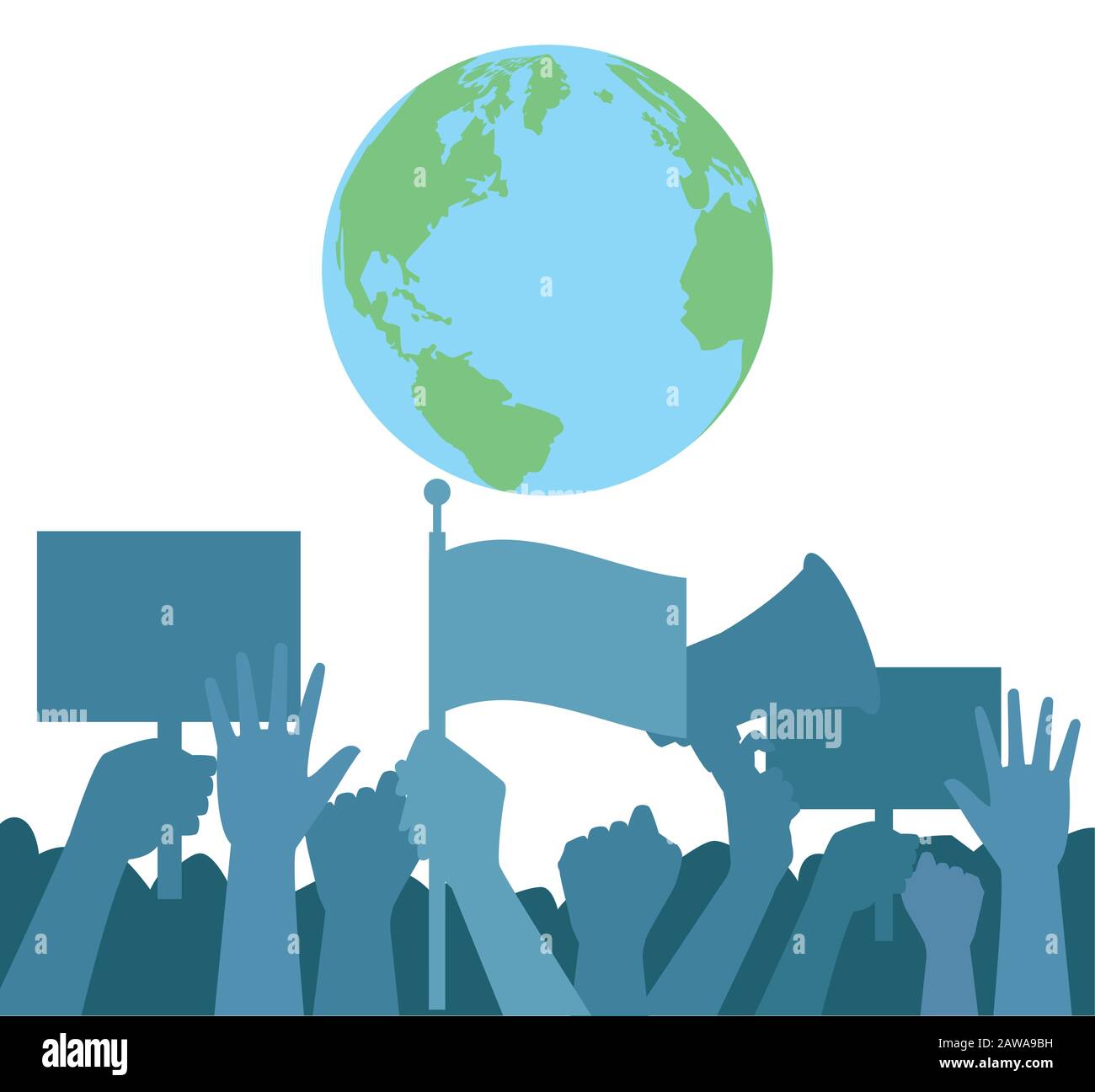 hands human up protesting with world planet and megaphone Stock Vector