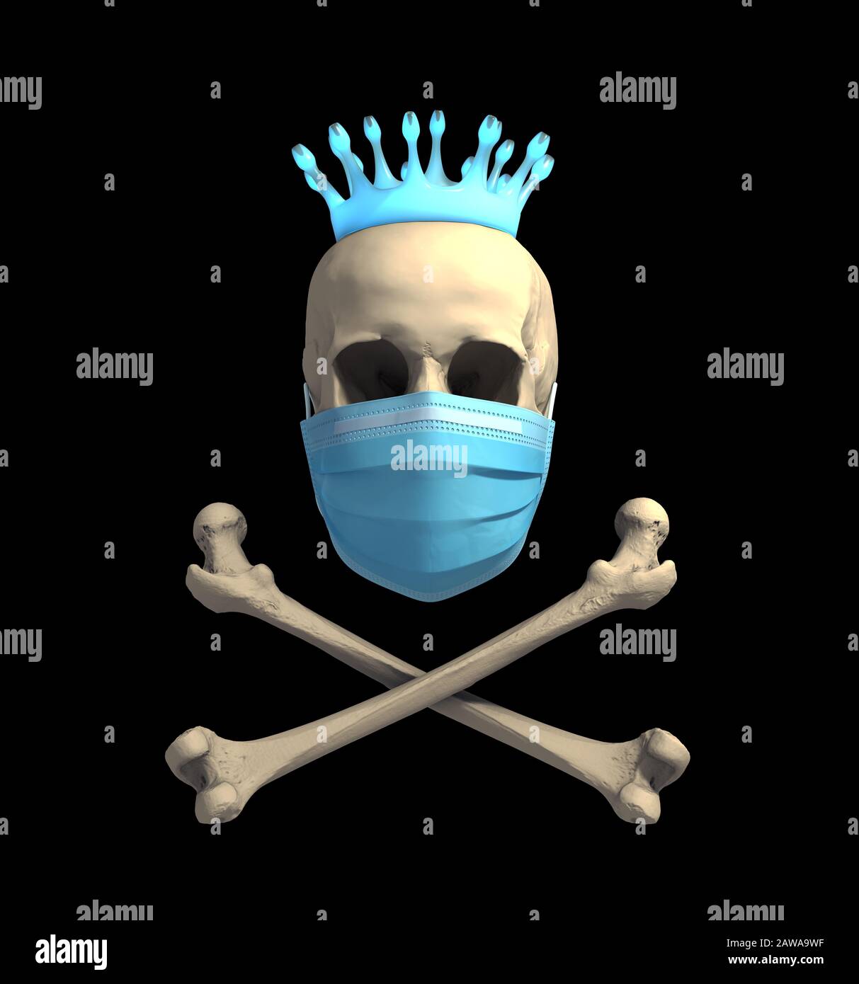 Skull In Medical Mask And Bones With Coronavirus Crown Stock Photo