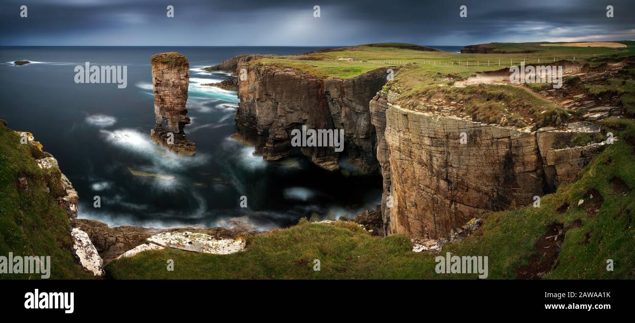 Panorama of Yesnaby cliffs with Castle Rock, Orkney Islands, Scotland Stock Photo
