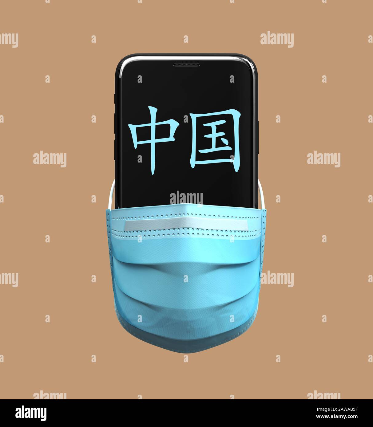 Smartphone With Chinese Hieroglyphs Denoting The Word China In Medical Mask Stock Photo