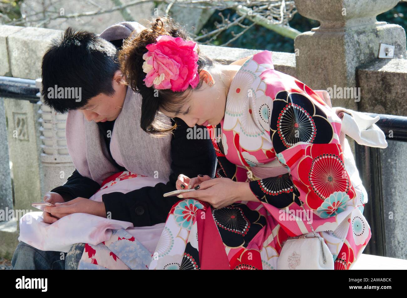 Selfie and smartphone in Japan Stock Photo
