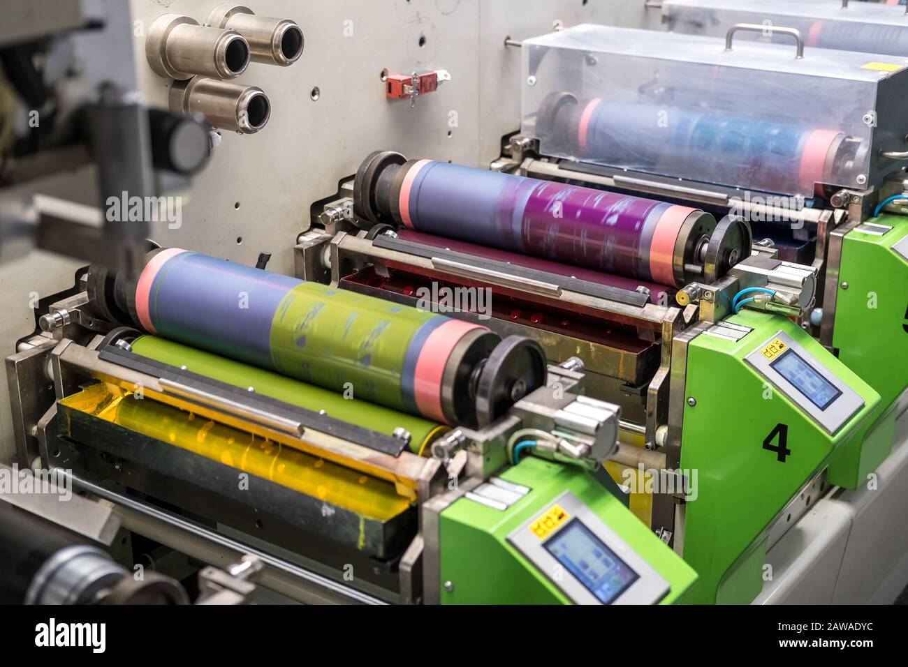 MINSK, BELARUS - JANUARY 2020: Rows of Large offset printing press ...