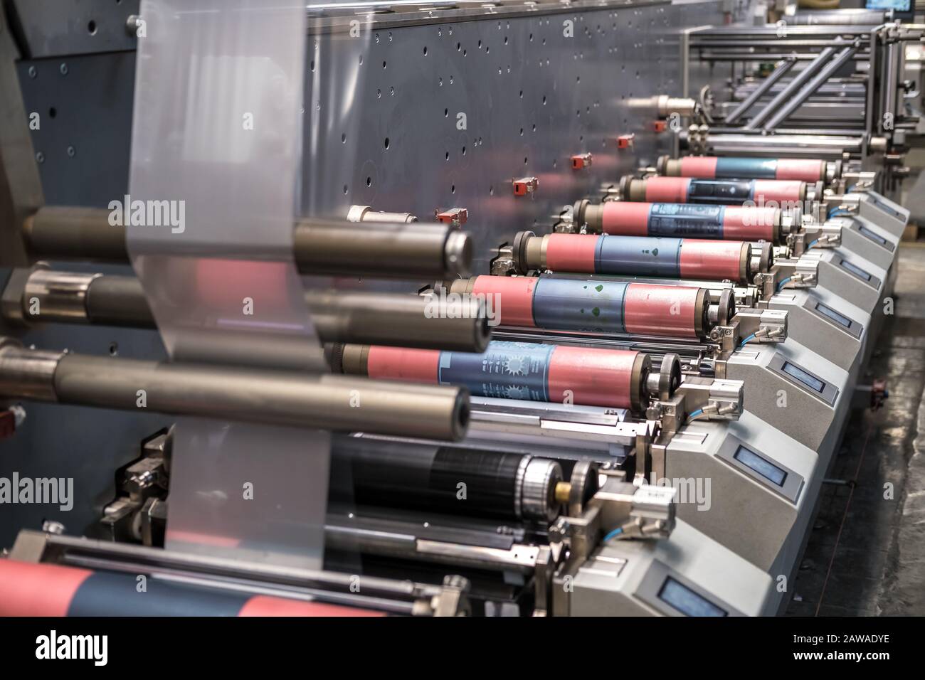 MINSK, BELARUS - JANUARY 2020: Rows of Large offset printing press ...
