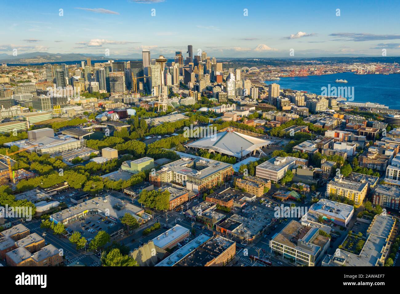 Aerial footage of the Belltown District in Seattle Stock Photo