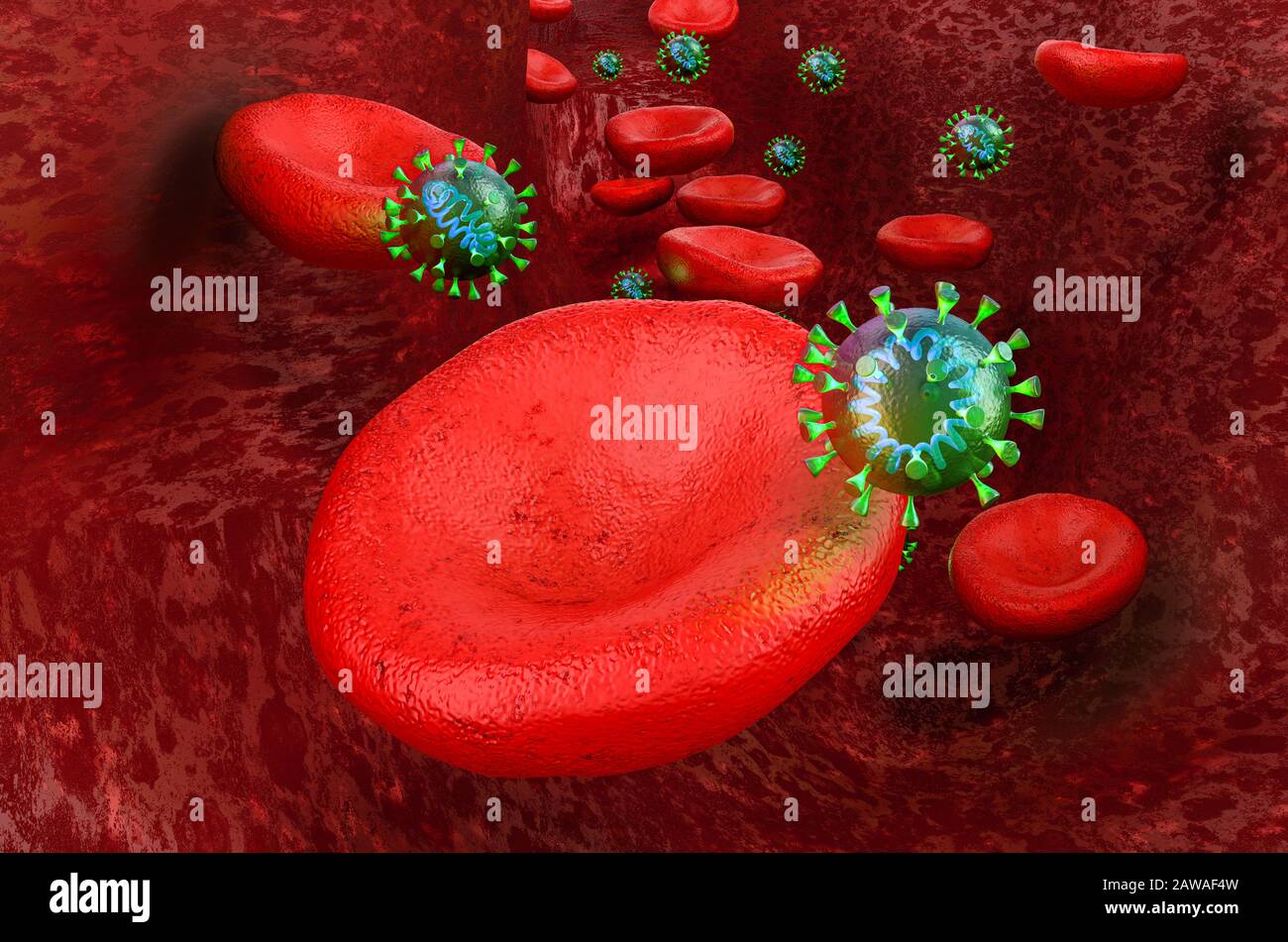 Coronavirus with genome rna and blood cells flowing inside artery, 3D rendering Stock Photo