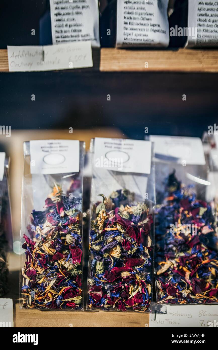 Wildflowers herbal tea bags for sale in alpine cottage shop Stock Photo
