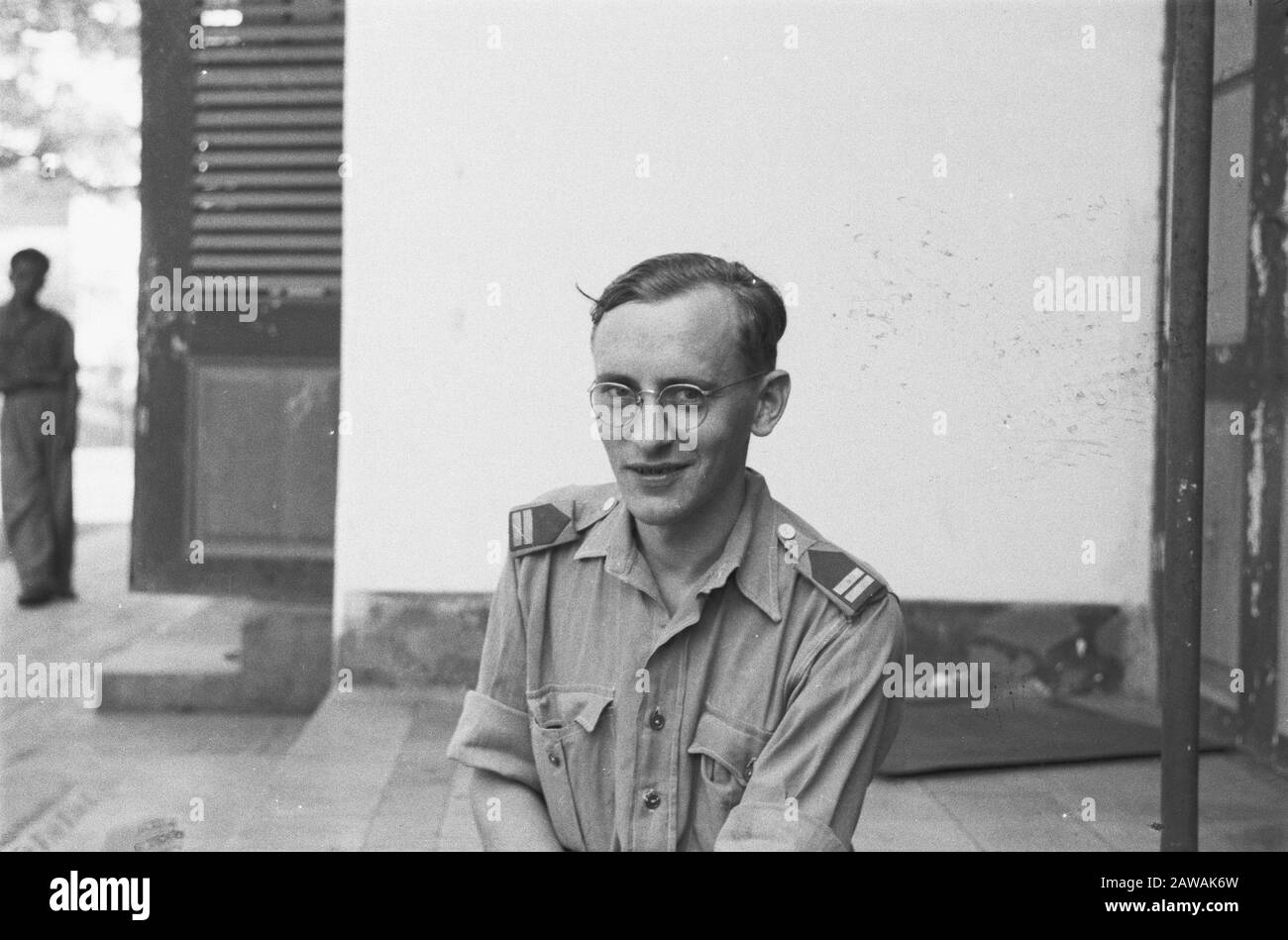 Passport photos III  [Soldier with glasses of unknown rank insignia] Annotation: Adjutant Cabinet Army Commander? Date: 1947 Location: Indonesia Dutch East Indies Stock Photo