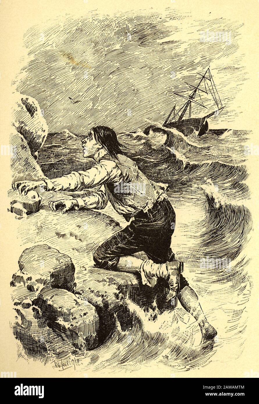 1880 ca, GERMANY : ROBINSON CRUSOE AND FRIDAY , engraving by the German artists Offterdinger & Zweigle  . The british writer , journalist, and spy DAN Stock Photo