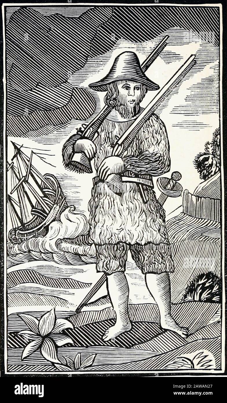 XVIII century , GREAT BRITAIN : ROBINSON CRUSOE , engraving from undentified  700's  edition  . The british writer , journalist, and spy DANIEL DE FOE Stock Photo