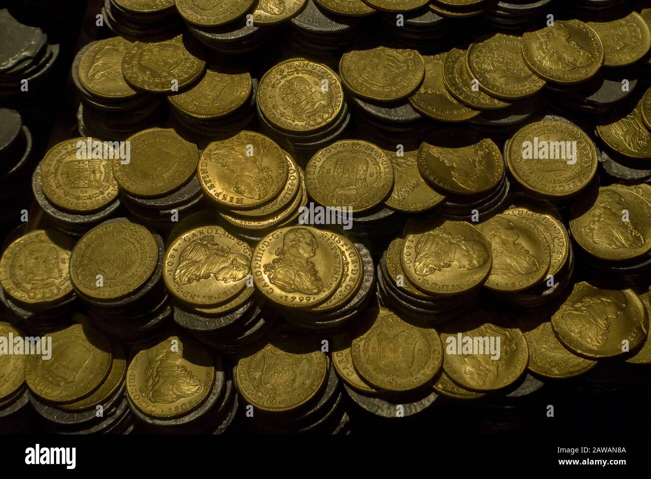 Gold coins from sunken Spanish galleon Stock Photo