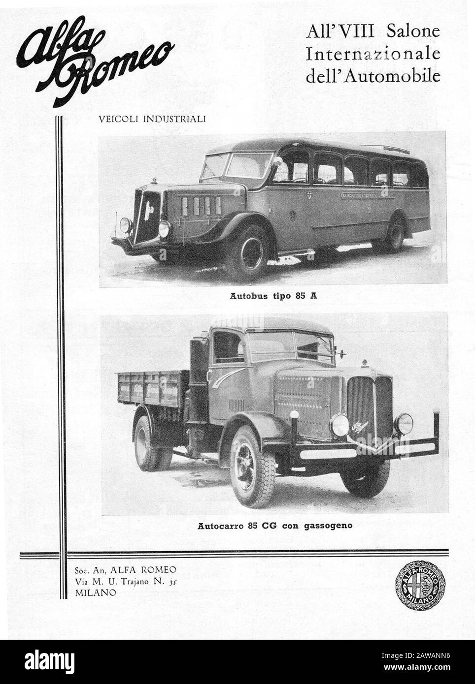 Barricada consumirse Activamente 1935 , MILANO , ITALY : The italian car industry ALFA ROMEO advertising . -  VEICOLI INDUSTRIALI - automobile - automobili - cars - industria - pub  Stock Photo - Alamy