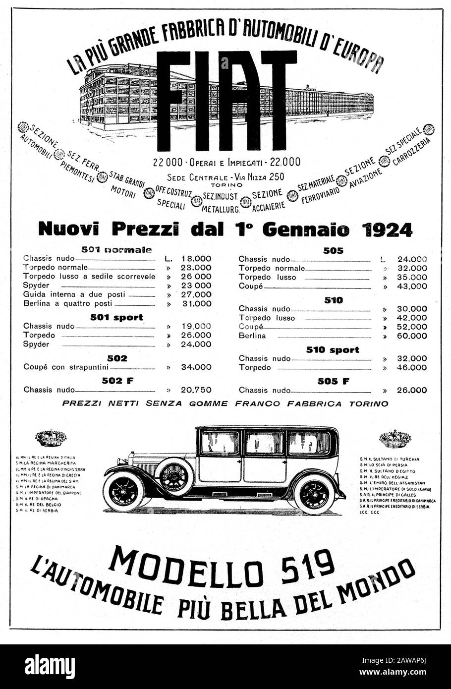 1924 , ITALY : The italian car industry FIAT ( F.I.A.T. Fabbrica Italiana Automobili Torino ) advertising , MODELLO FIAT 519 .- GIANNI AGNELLI - autom Stock Photo