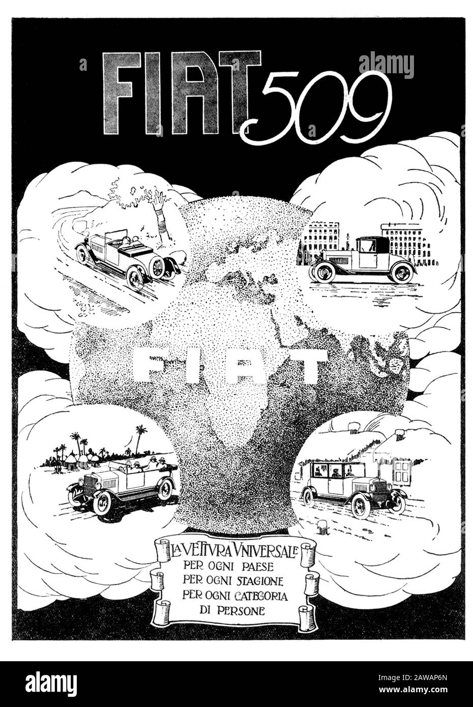 1926 , ITALY : The italian car industry FIAT ( F.I.A.T. Fabbrica Italiana Automobili Torino ) advertising for FIAT 509 model  - GIANNI AGNELLI - autom Stock Photo