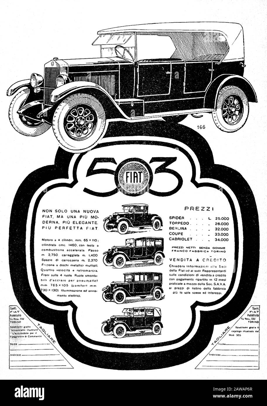 1926 , ITALY : The italian car industry FIAT ( F.I.A.T. Fabbrica Italiana Automobili Torino ) advertising for FIAT 503 model  - GIANNI AGNELLI - autom Stock Photo
