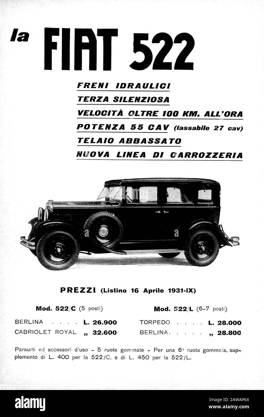 1931 , ITALY :  The italian car industry  FIAT 522 ( F.I.A.T. Fabbrica Italiana Automobili Torino ) advertising . - automobile - automobili - cars - i Stock Photo