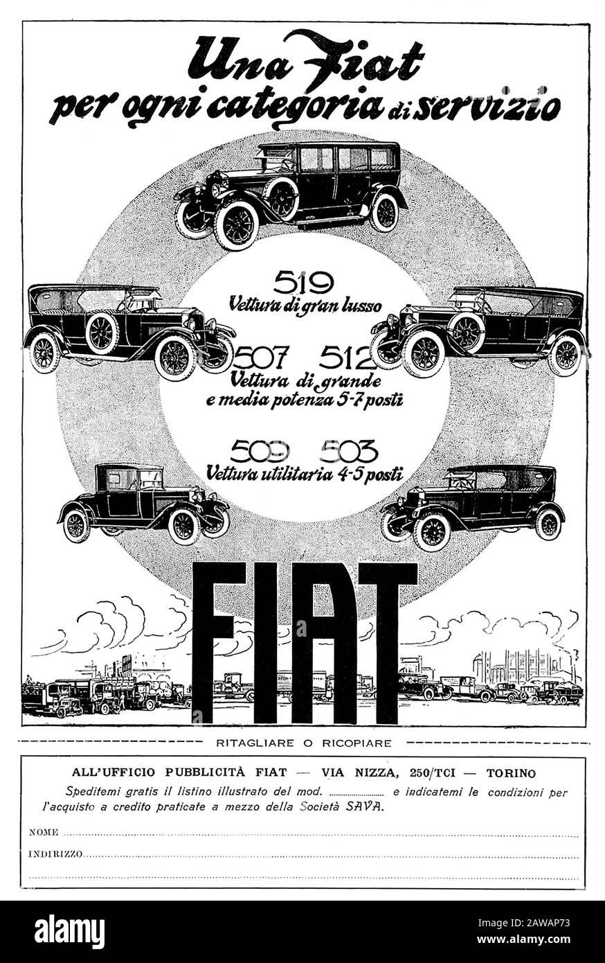 1926 , ITALY : The italian car industry FIAT ( F.I.A.T. Fabbrica Italiana Automobili Torino ) advertising for FIAT 509 , 503 , 507 , 512 and 519 model Stock Photo