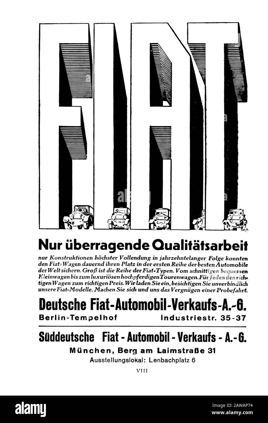 1920's , GERMANY : The italian car industry FIAT ( F.I.A.T. Fabbrica Italiana Automobili Torino ) advertising in GERMANY - automobile - automobili - c Stock Photo