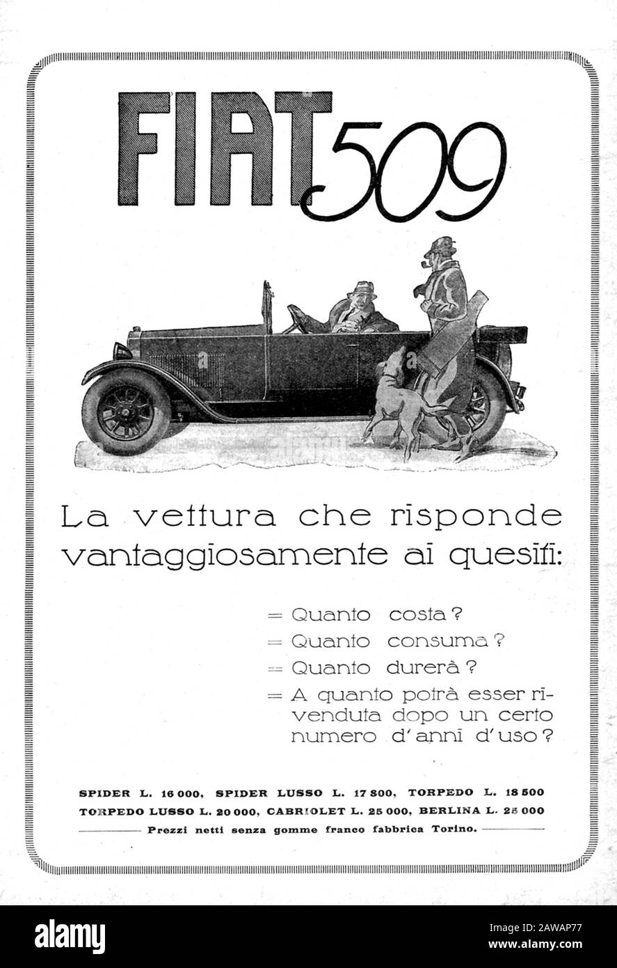1925 , ITALY : The italian car industry FIAT ( F.I.A.T. Fabbrica Italiana Automobili Torino ) advertising for FIAT 509 model  - automobile - automobil Stock Photo