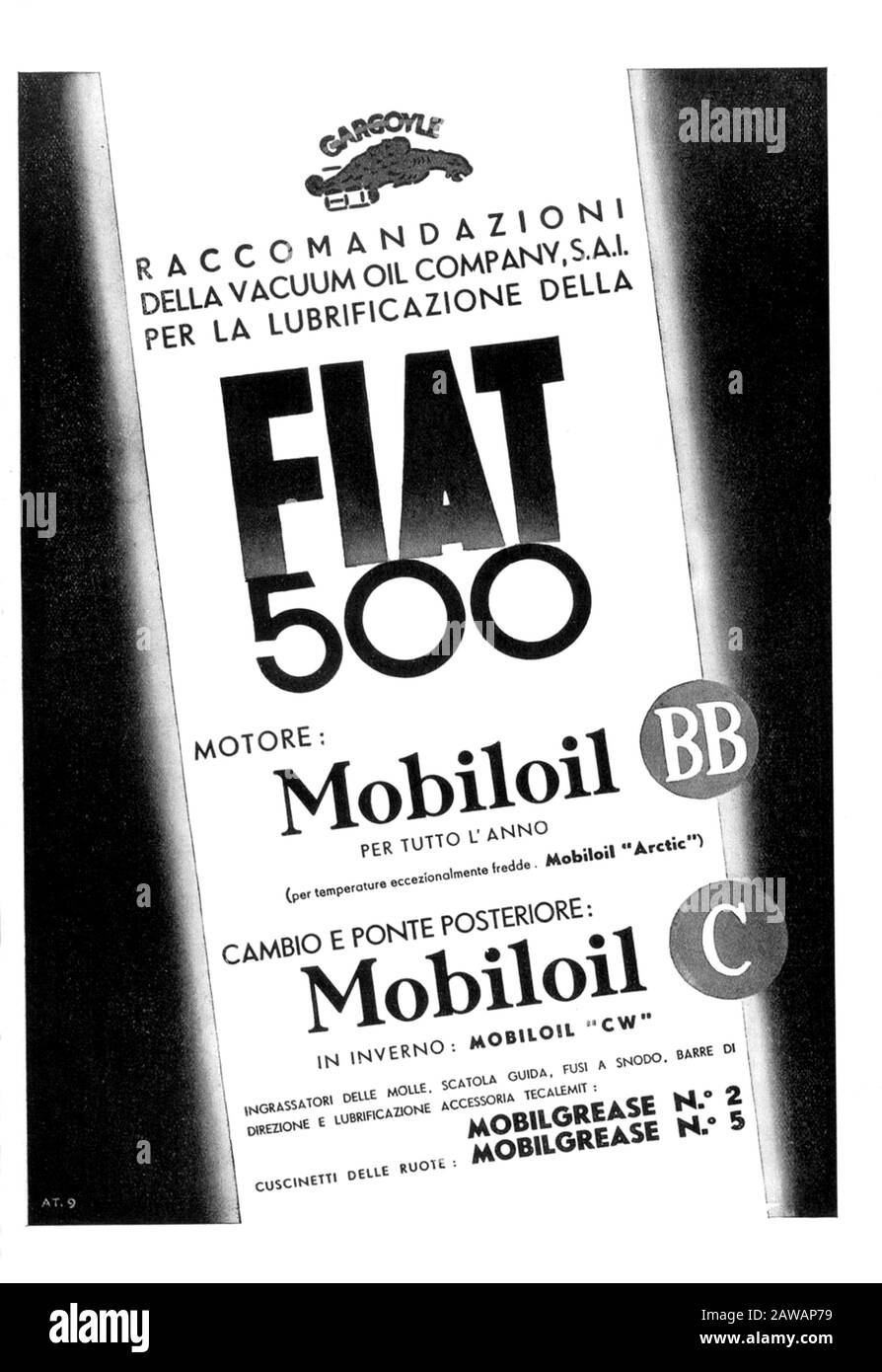 1936 ,TORINO ,  ITALY :  The italian car industry  FIAT ( F.I.A.T. Fabbrica Italiana Automobili Torino ) advertising for FIAT 500 ( TOPOLINO ) lubrifi Stock Photo