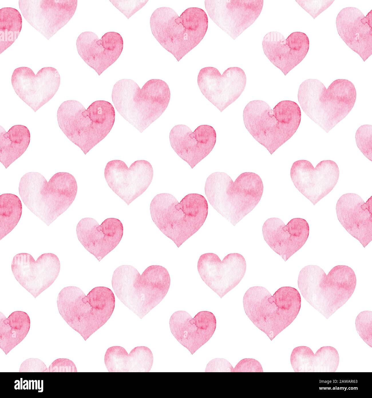 Seamless pattern with pink watercolor heart on white background. Hand ...