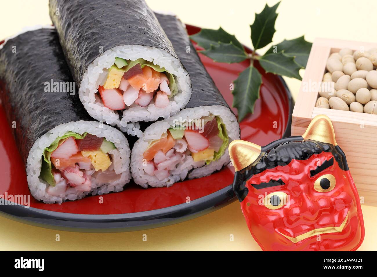 Japanese Traditional Setsubun Event Masks Of Oni Demon And Ehomaki Sushi Are Used On An Annual Event Stock Photo Alamy