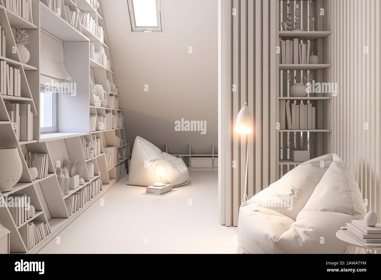 The interior design of the attic floor of a private cottage. 3d render of the interior in the Scandinavian style. Stock Photo