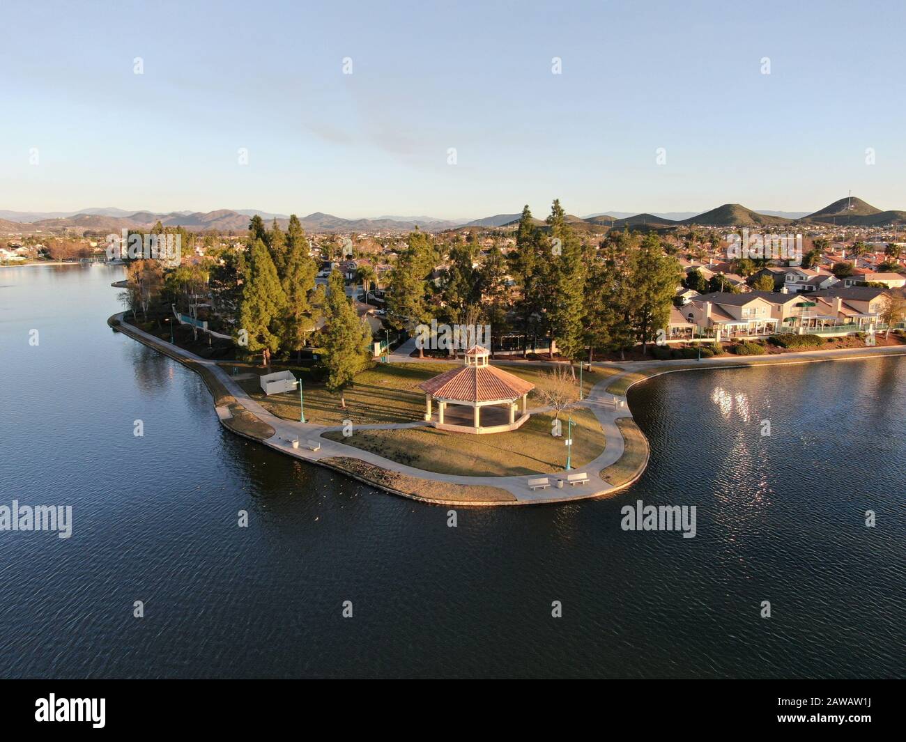 Aerial view of Menifee Lake and neighborhood, residential subdivision