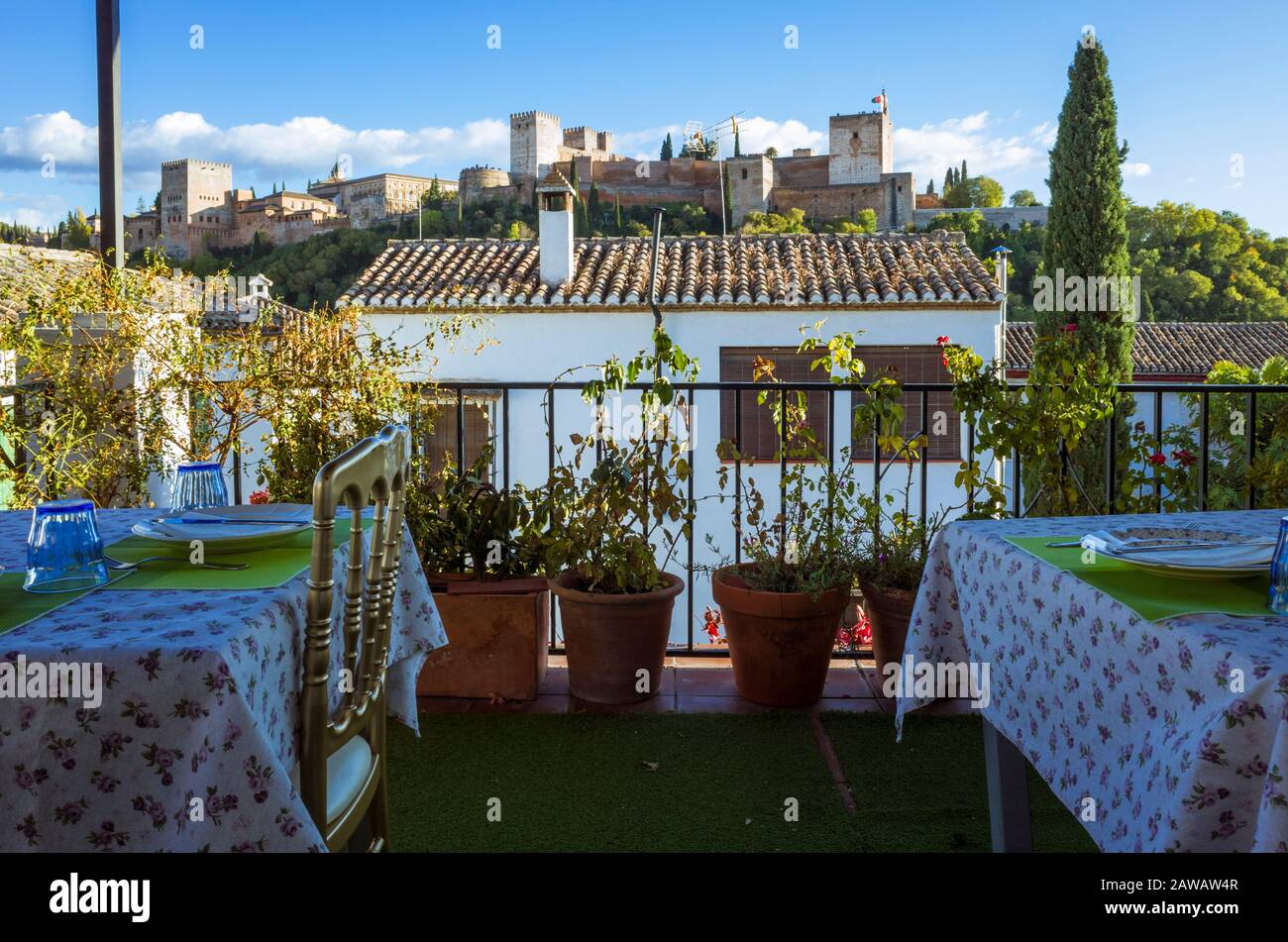 Granada, Spain : Alhambra palace as seen from restaurant El Trillo in the Unesco listed Albaicin neighbourhood. Stock Photo