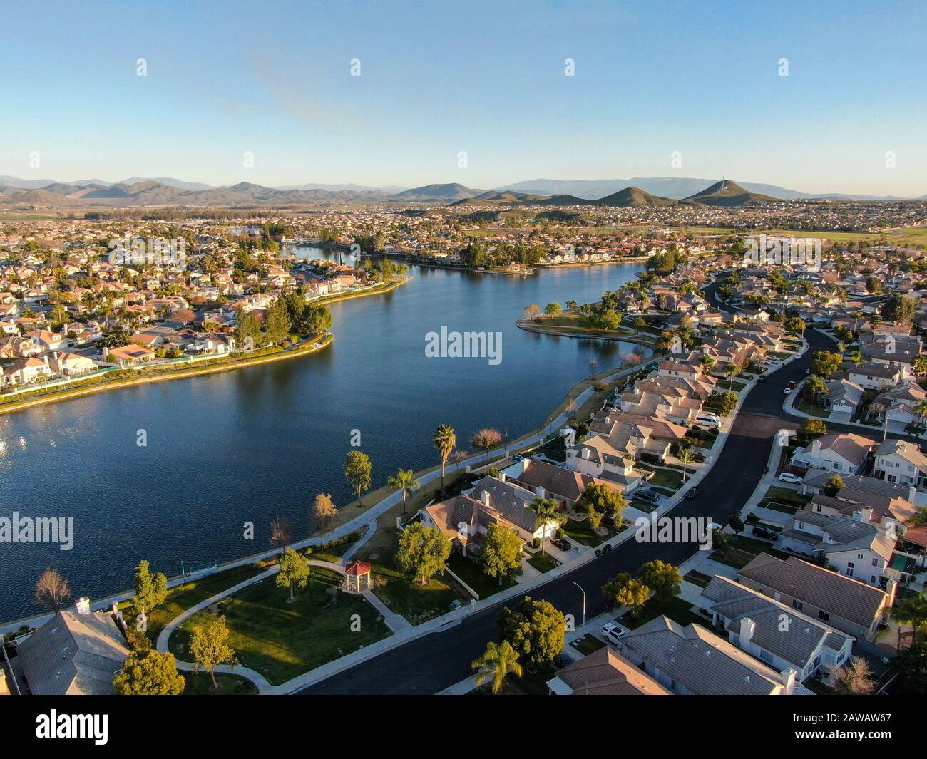 Aerial view of Menifee Lake and neighborhood, residential subdivision