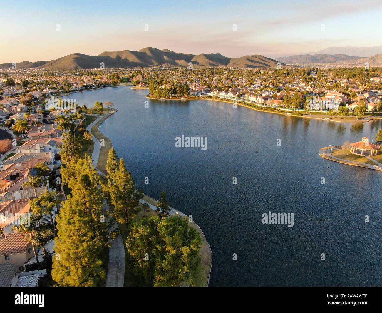 Aerial view of Menifee Lake and neighborhood, residential subdivision