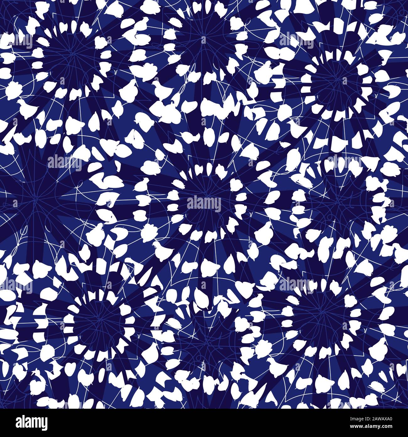 Vector blue and white abstract floral shibori circles 02 overlap