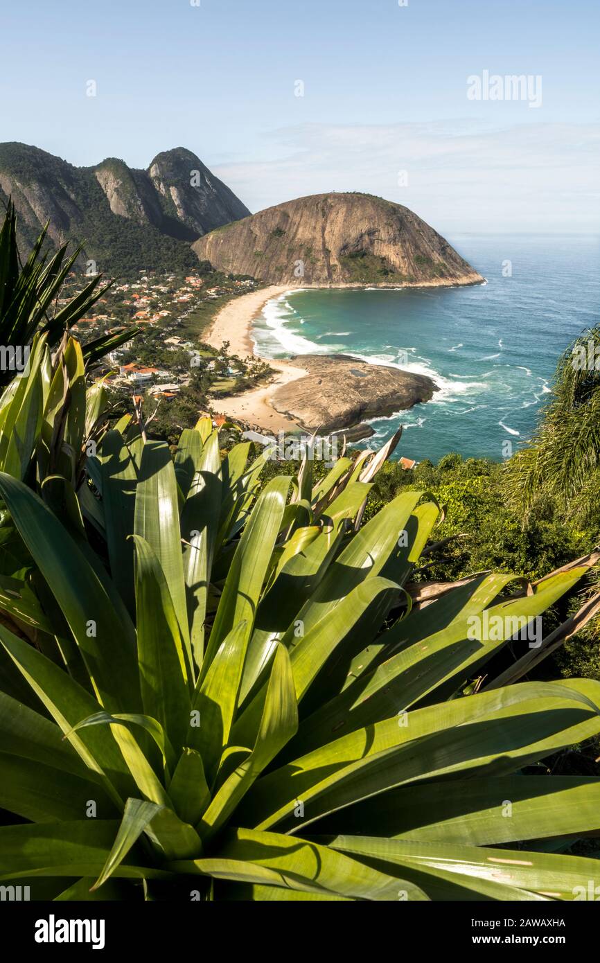 Nice Image of Itacoatiara Beach, Niterói RJ, showing the entire beach and its Mountains in the background. Stock Photo