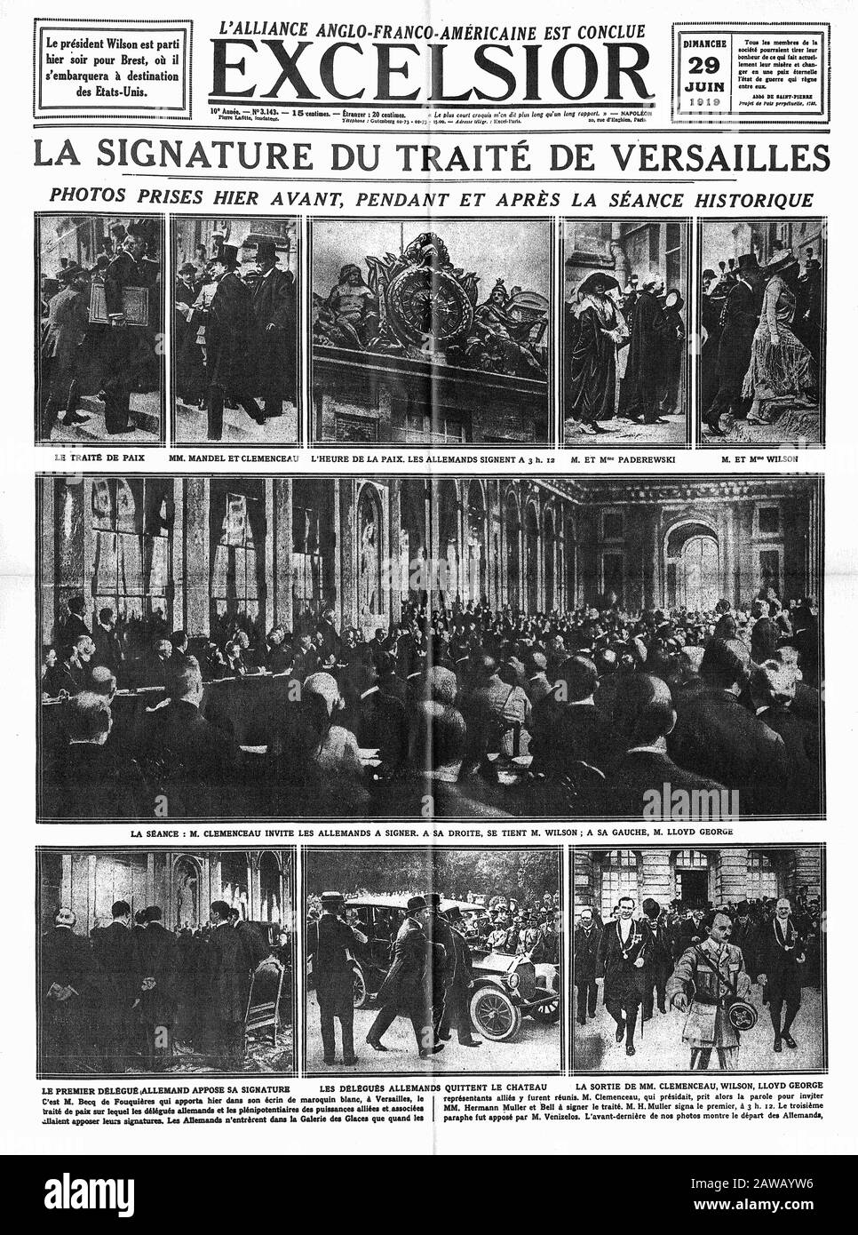 1919 , 29 june , FRANCE : The french newspaper EXCELSIOR with the news on the Treaty of Versailles of 28 June 1919,  at the end of World War I  - ITAL Stock Photo