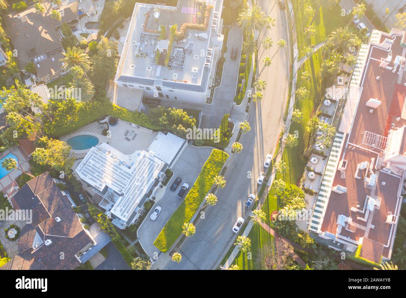 Aerial view of Beverly Hills neighborhood Sunset Boulevard, North Beverly Drive and Rodeo Drive