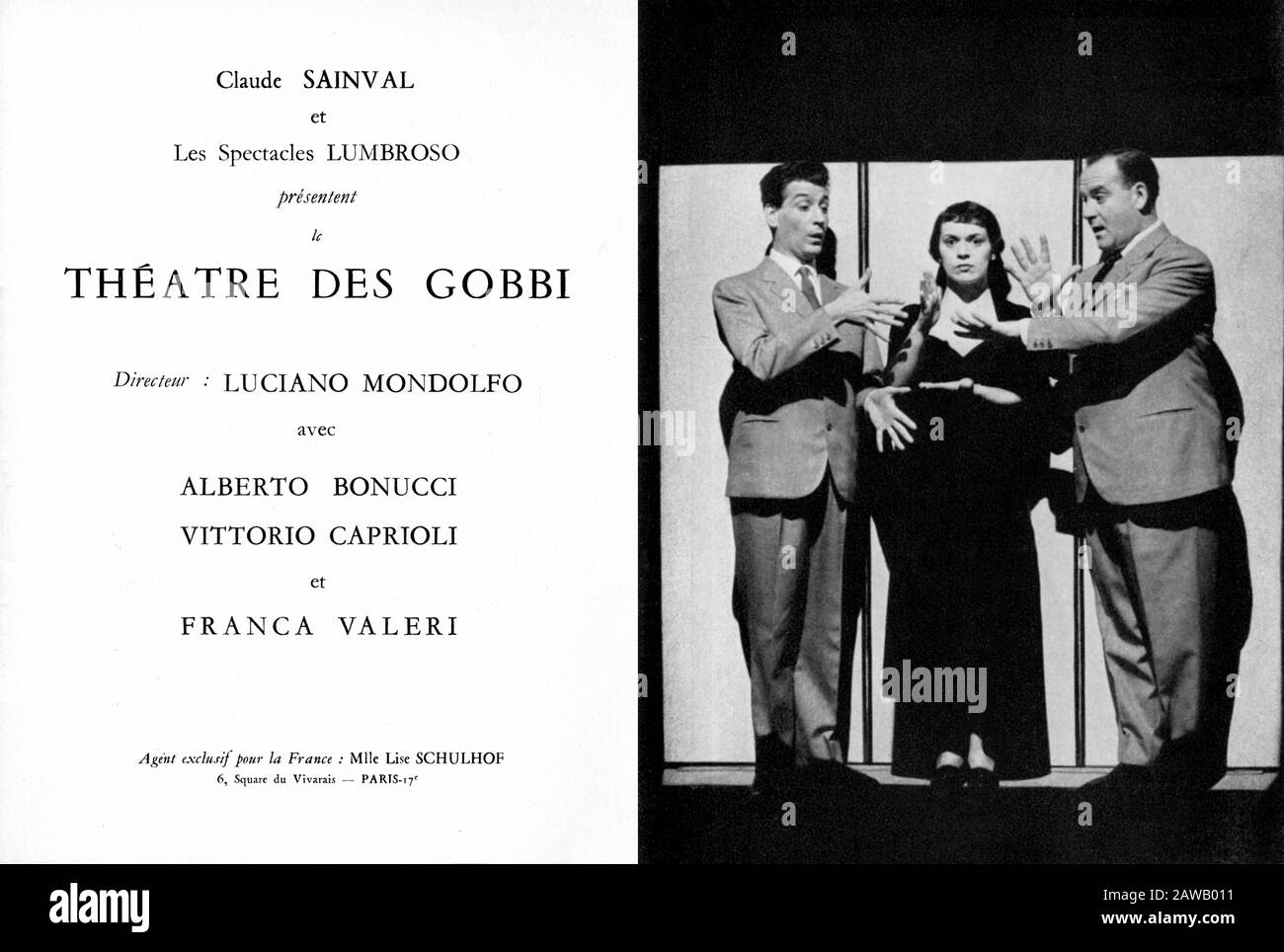 1954 , PARIS , FRANCE : The original parisian COMEDIE DES CHAMPS ELYSEES Theatre program for the italian company I GOBBI , created by celebrated  thea Stock Photo