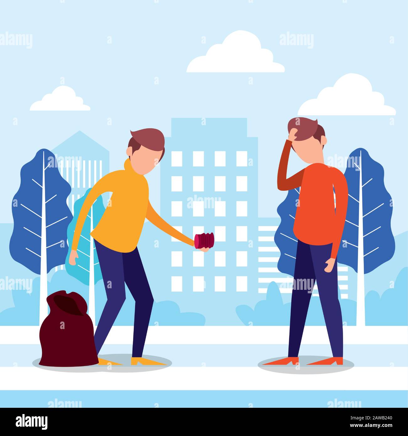 men with plastic garbage bag in the camp Stock Vector