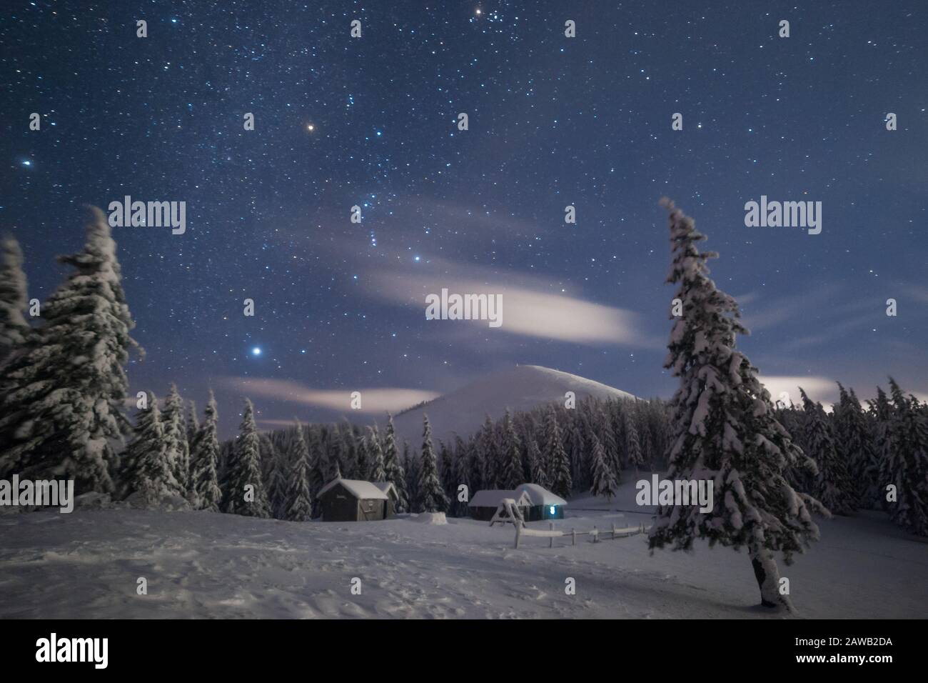 Fairy tale winter landscape with night snowy forest and bright stars in sky, small house in woodland. Long exposure Stock Photo