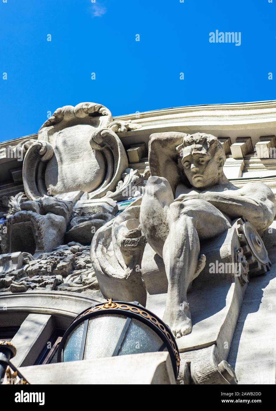 Sculptures on the facade of the ex-National bank of Georgia building on Leonidze street in Tbilisi's downtown Stock Photo
