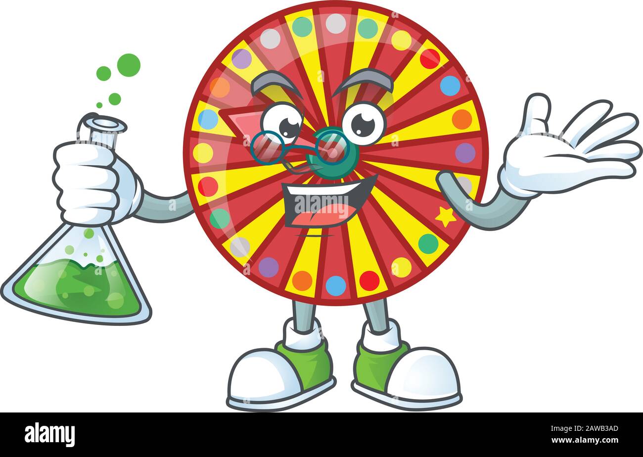 A genius Professor wheel fortune cartoon character with glass tube Stock Vector