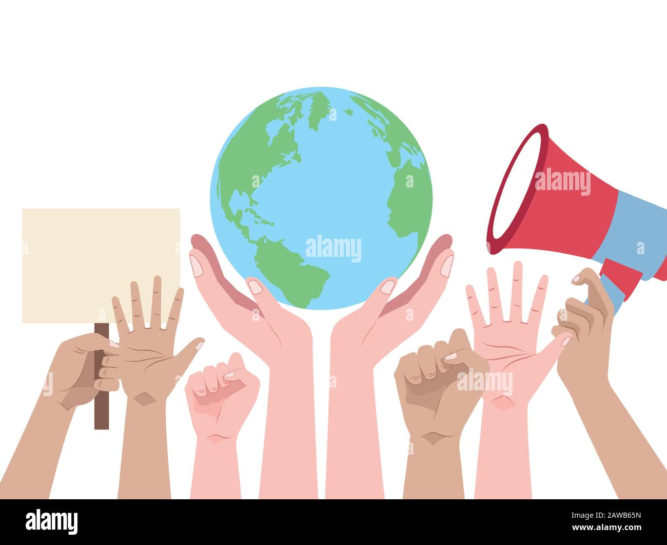 hands human up protesting with world planet and megaphone Stock Vector