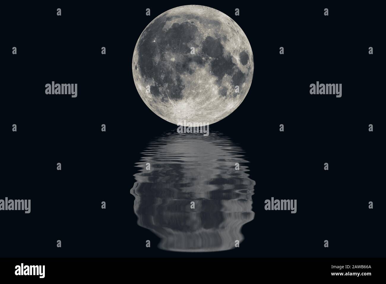 The full moon with water wave ripple reflection effect.Elements of this image furnished by NASA. Stock Photo