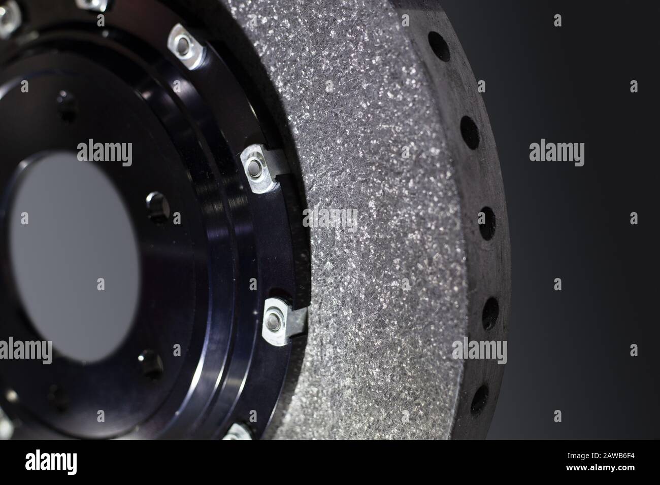 Carbon Ceramic disc brake part closeup high performance part in supercar. Stock Photo