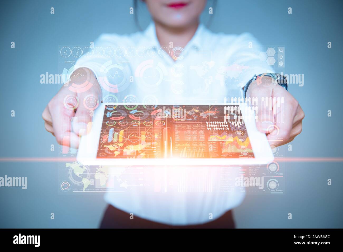 business data infographic presentation serving with table handheld computer Stock Photo