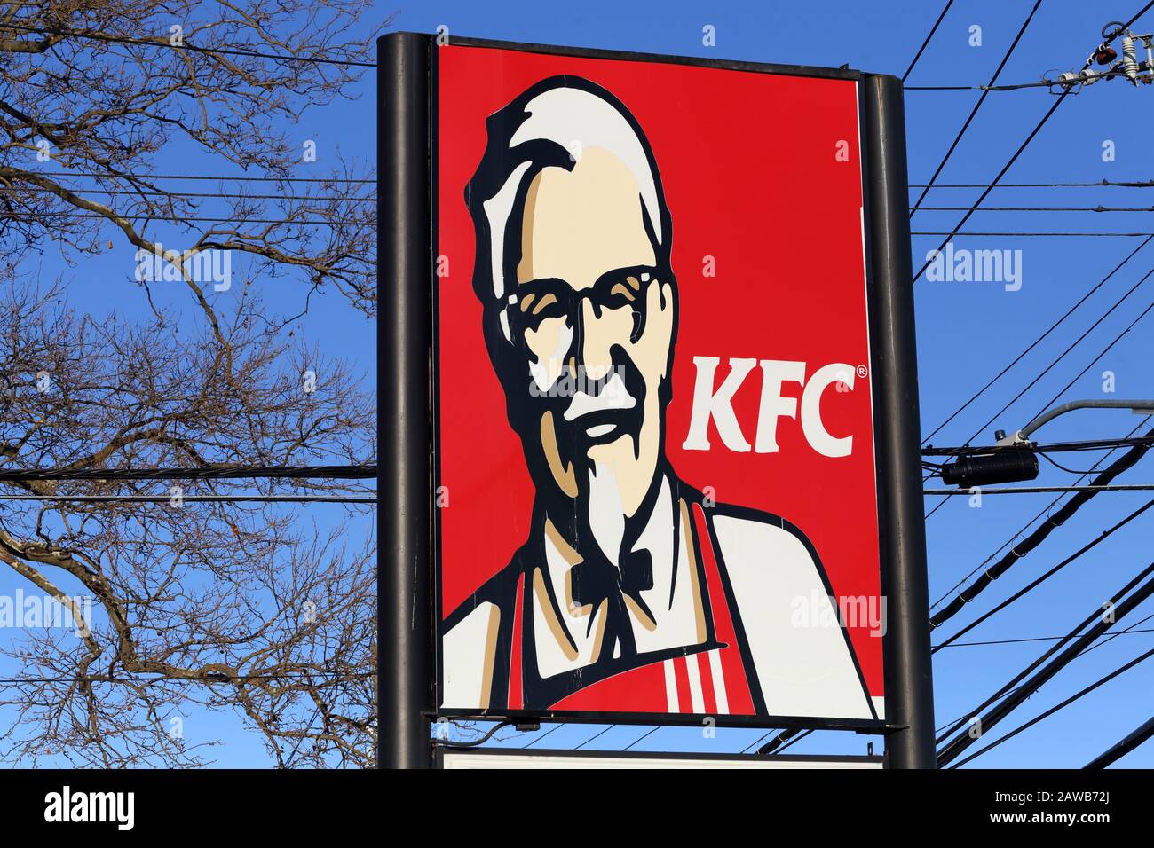 A KFC Colonel Saunders logo on a pole against a blue sky and trees