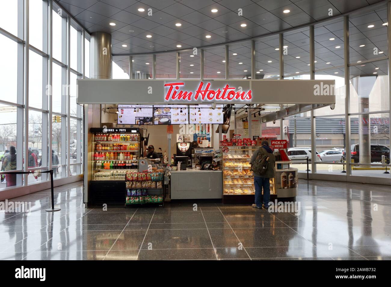 A Tim Hortons donut shop inside a transit terminal in Jamaica, Queens, NY. Stock Photo