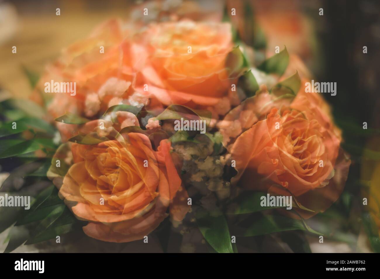 Bouquet of roses with double exposure abstract background. blurred flowers Stock Photo