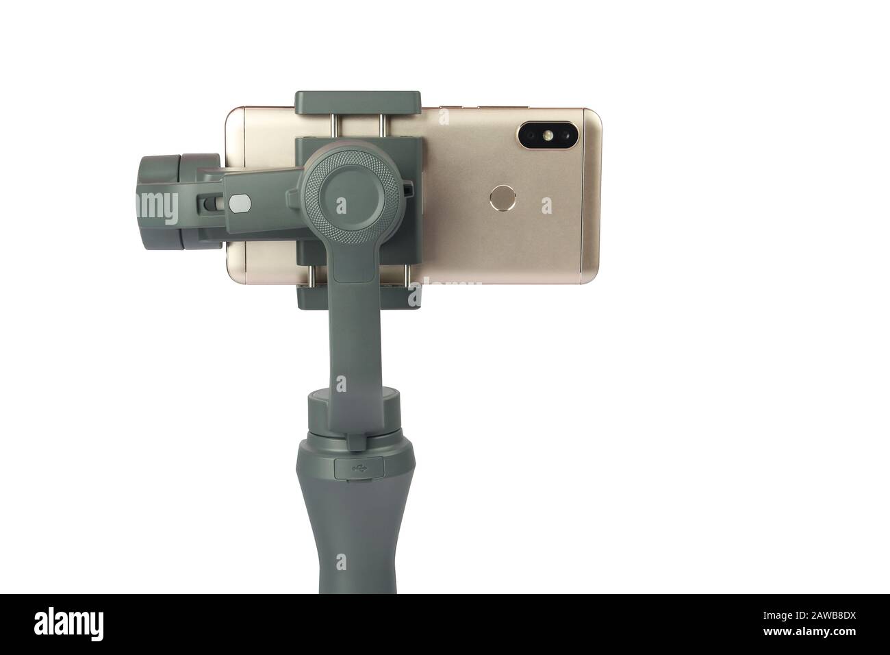 Hand holding gimbal with smartphone Stock Photo