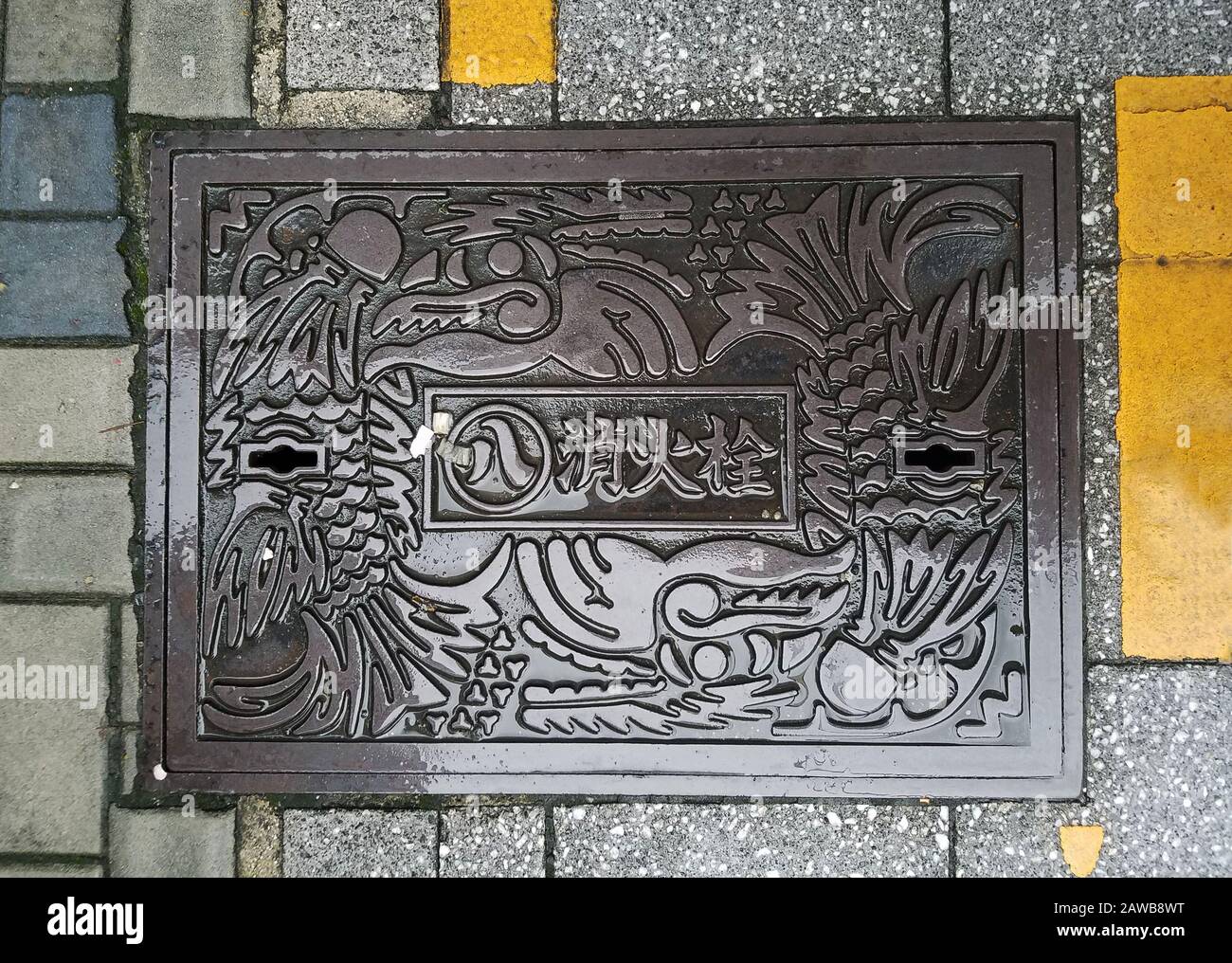 it's a photo of drain cover or manhole cover on the ground in the street or pavement Stock Photo