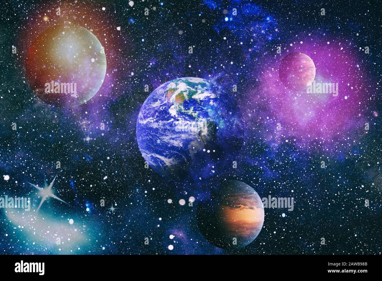 Beautiful Earth . Panoramic view of the Earth, sun, star and galaxy. Sunrise over planet Earth, view from space . Elements of this image furnished by Stock Photo